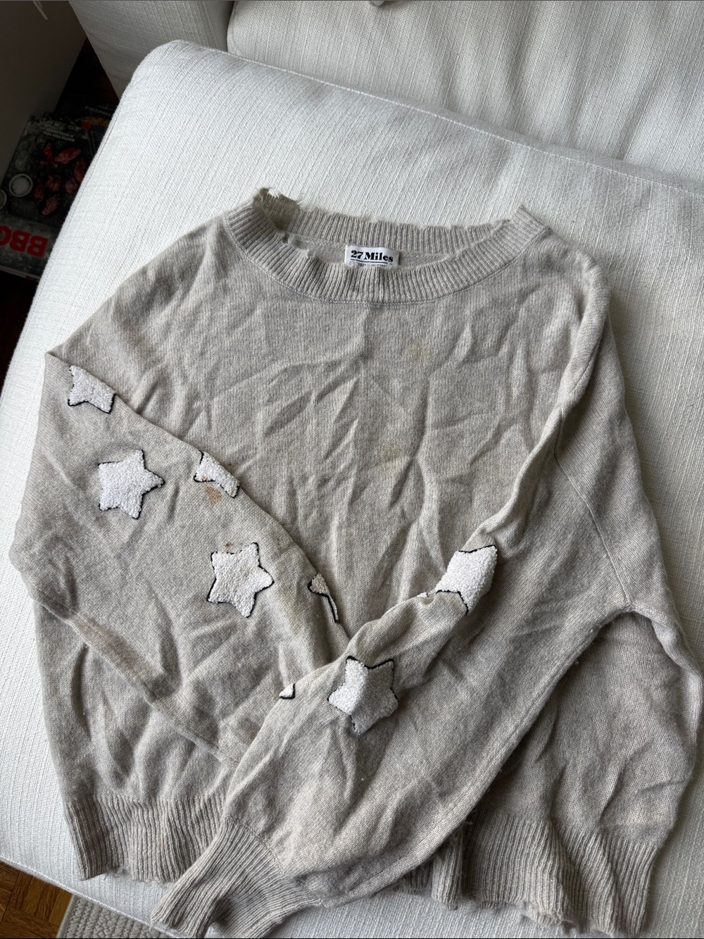 27 Miles Cashmere Beige Star Sleeve Crewneck Sweater
